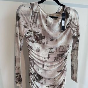 Fashion Nova Newspaper Print Midi Dress - Cream and Brown